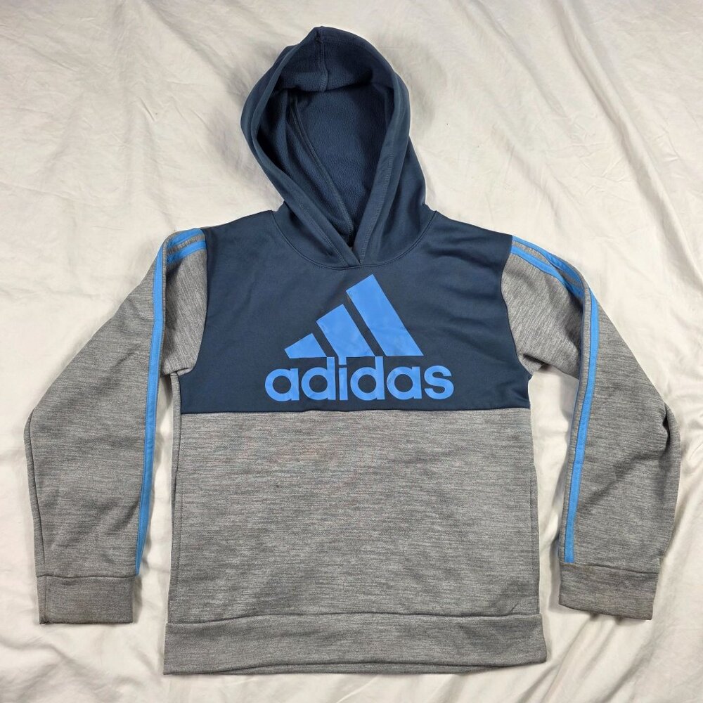 Adidas Big Logo Boys 10/12 Gray Blue Pullover Hoodie Sweatshirt Casual Outdoors